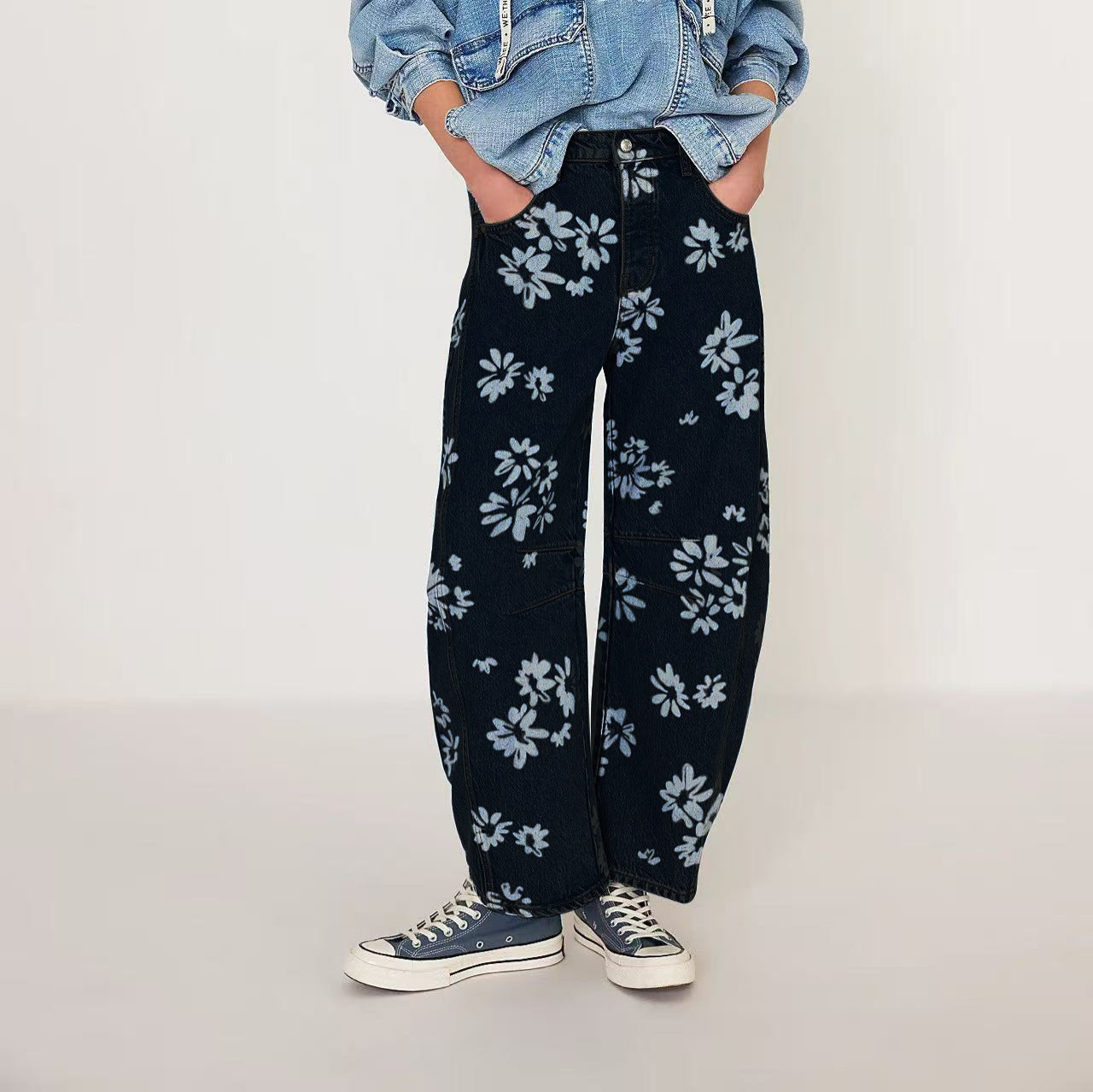 Women's Spring Leisure Loose Mid Waist Cylindrical Jeans