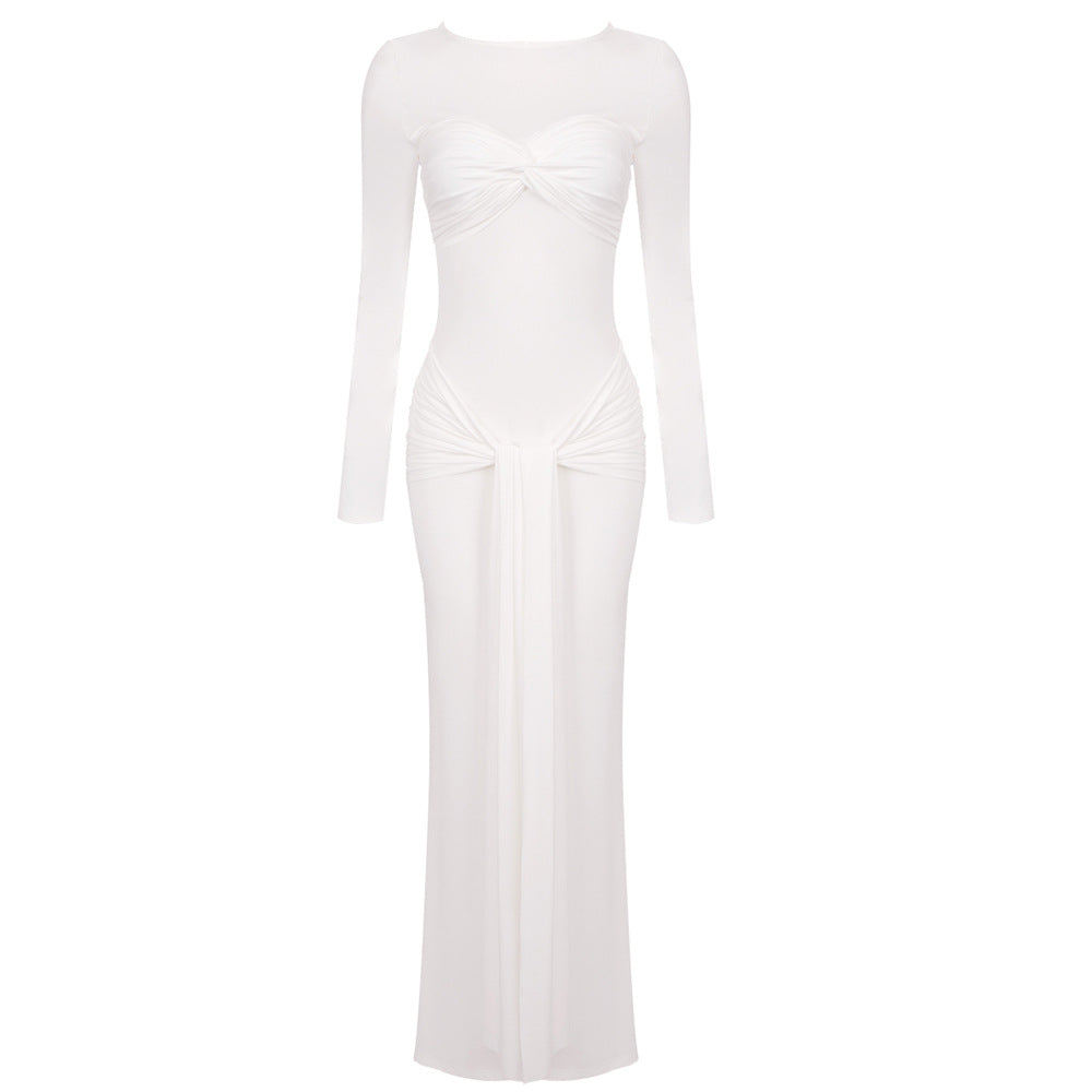 Women's Spring White Coffee Colored Long-sleeved Ribbon Dresses