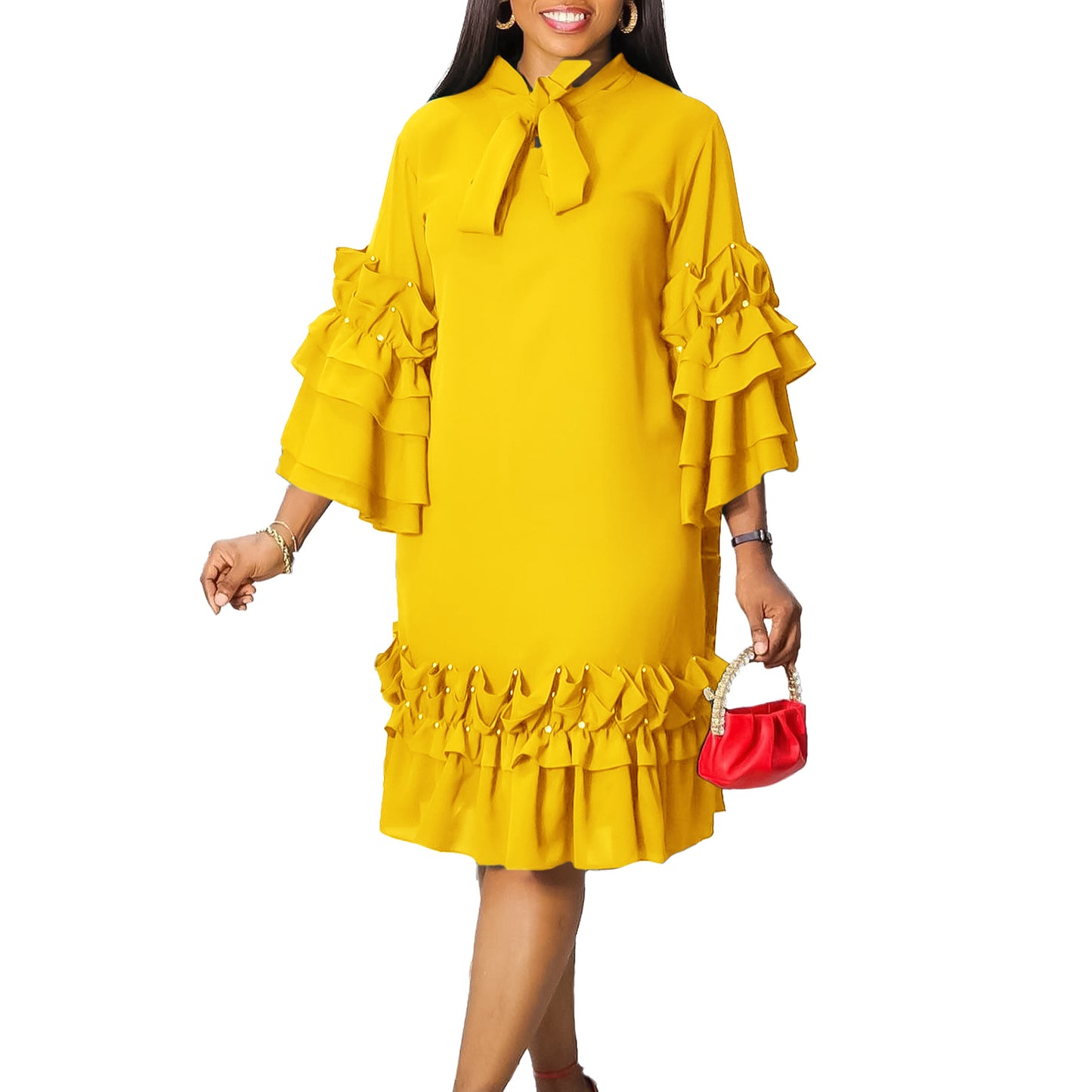 Women's Fashionable Elegant Ruffled Flared Sleeve Loose Dress