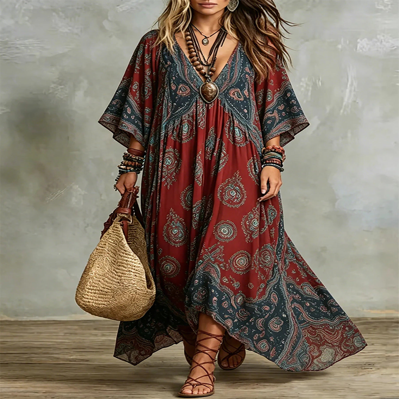 Women's Retro Three-quarter Sleeve Printed Loose Temperament Dress