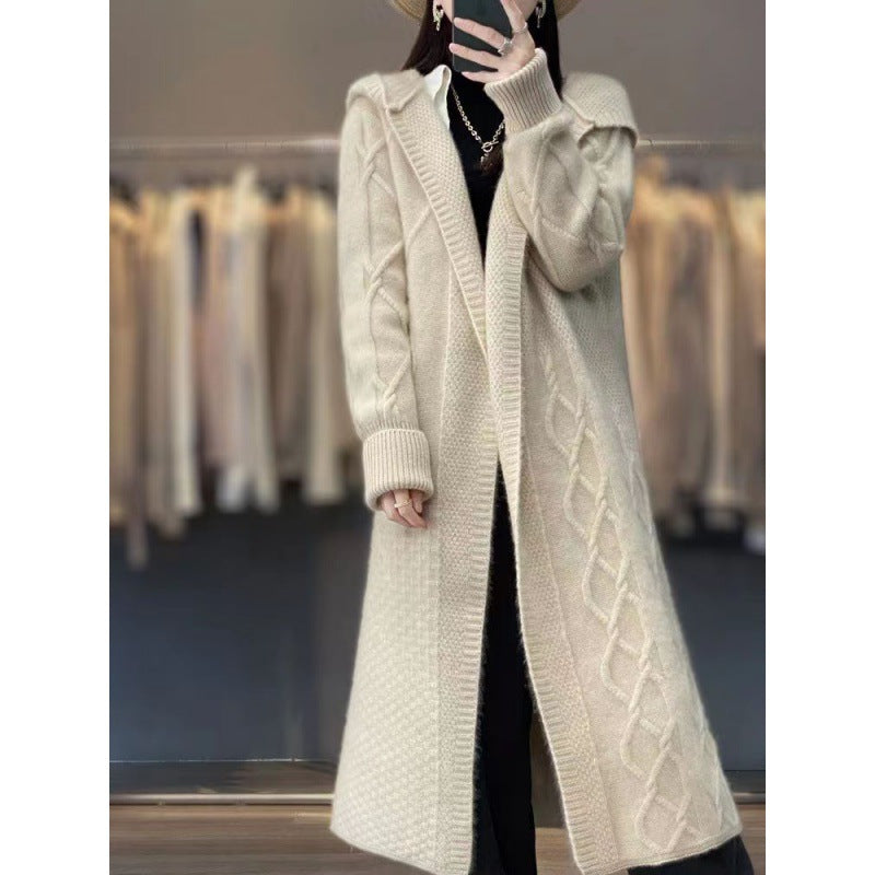 Women's Cashmere Hooded Twisted Knitted Over The Knee Sweaters