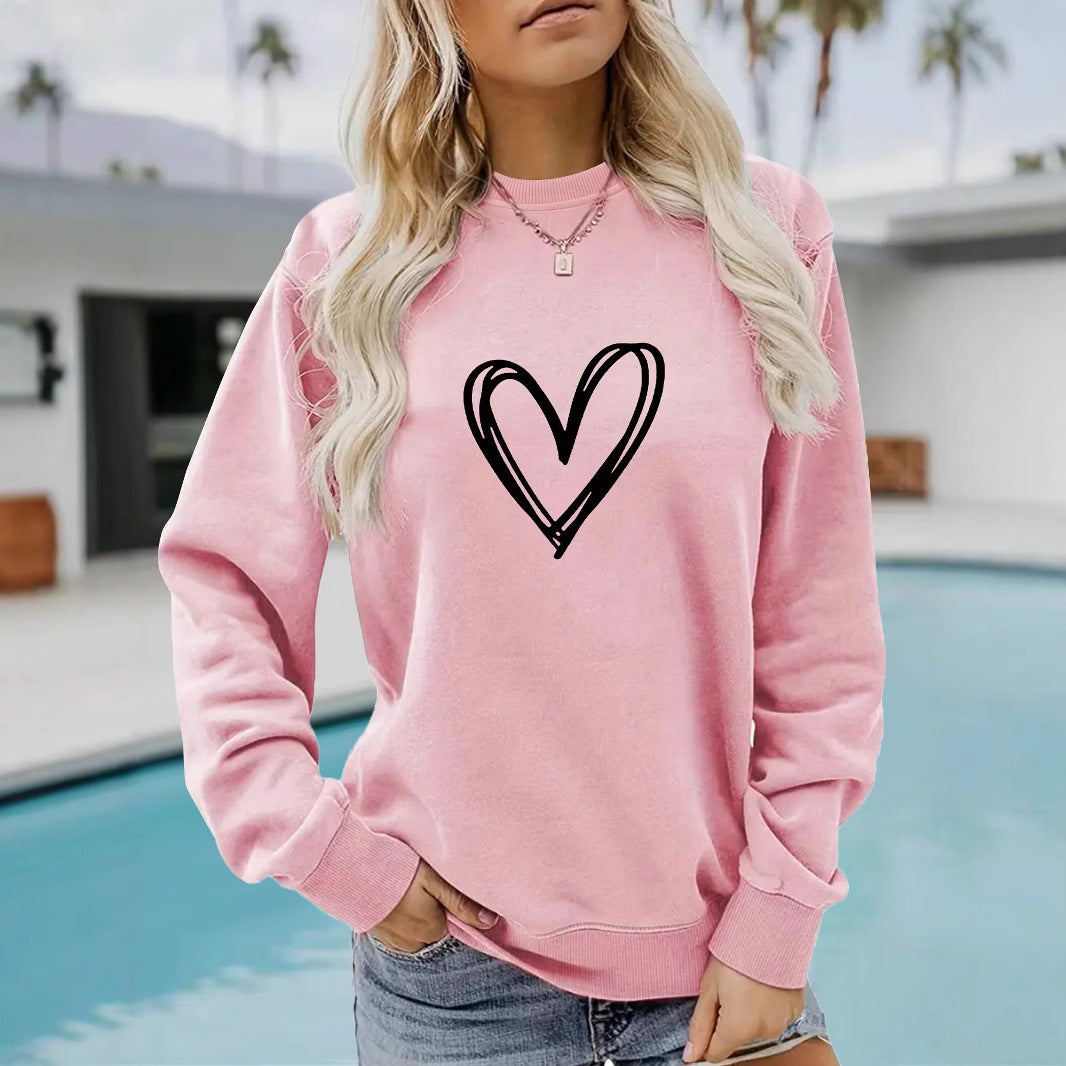 Women's Casual Long-sleeved Round Neck Heart Shape Printed Women's Sweater, Sweater