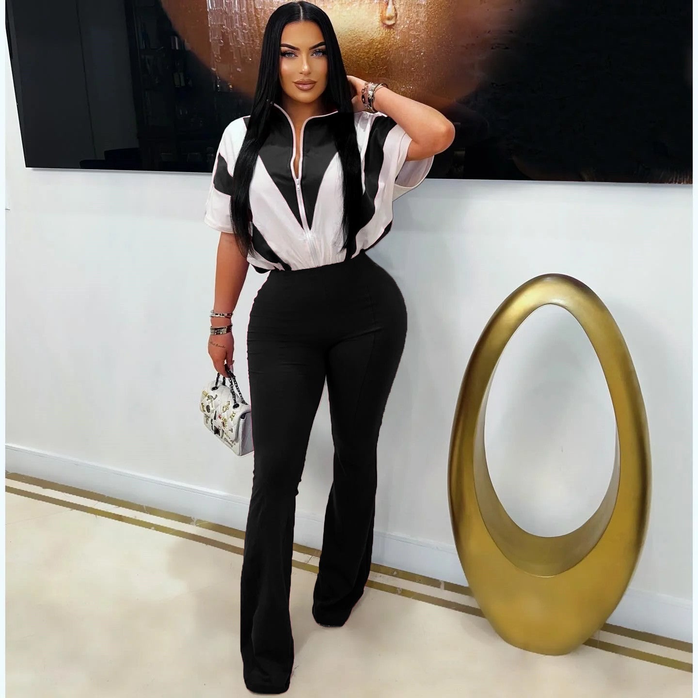 Women's Fashion Casual Zipper Stitching Contrast Color Jumpsuits