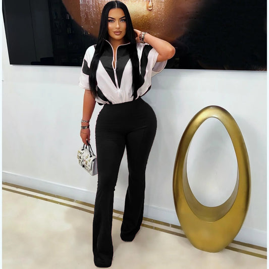 Women's Fashion Casual Zipper Stitching Contrast Color Jumpsuits