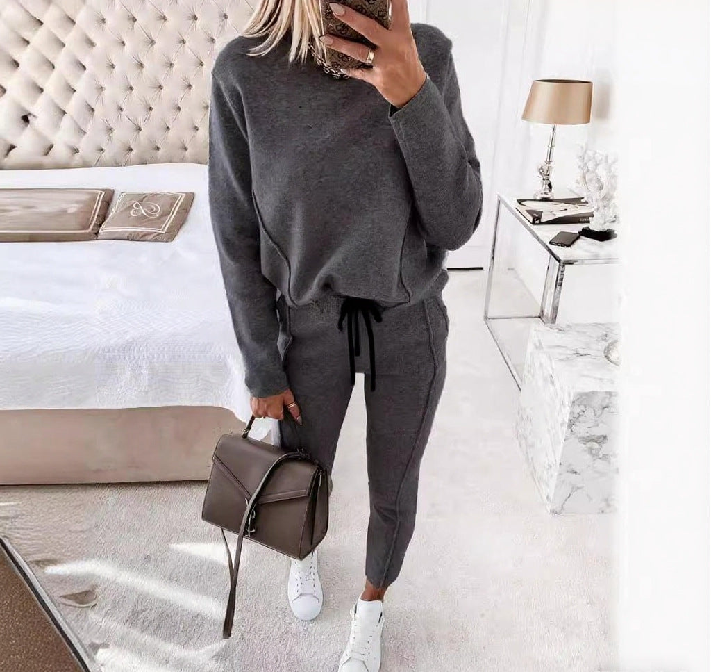 Women's Turtleneck Long Sleeve Pocket Trousers Two-piece Suits