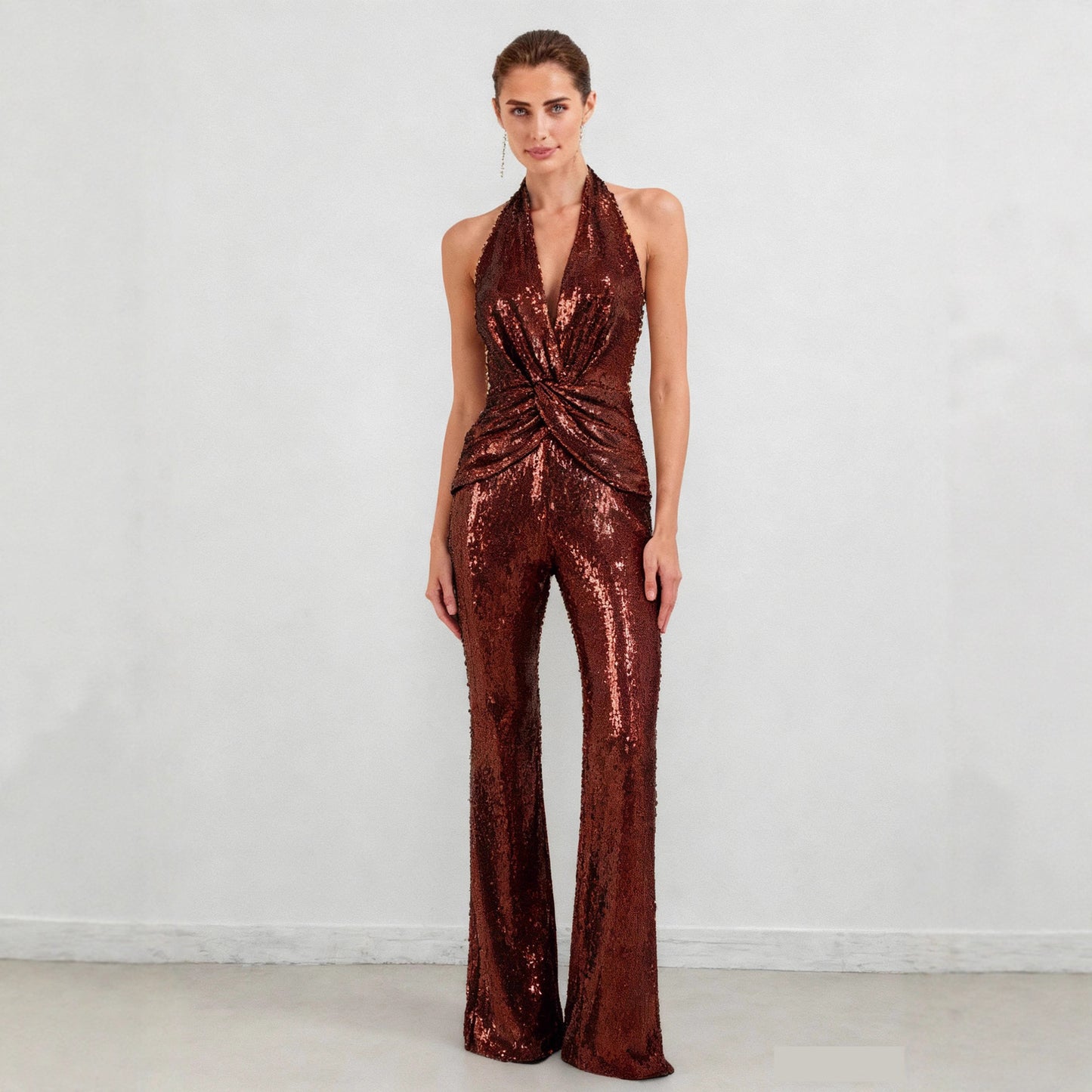 Women's Sequined Halter Sexy Deep Twisted High Jumpsuits
