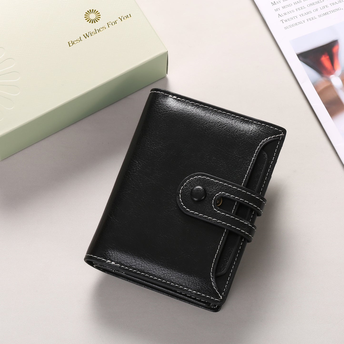 Women's Short Vintage Oil Wax Cowhide Large Ladies Wallets