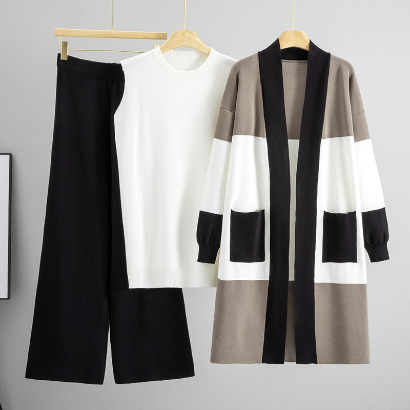 Women's Autumn Knitted Mid-length Wide Leg Three-piece Cardigans