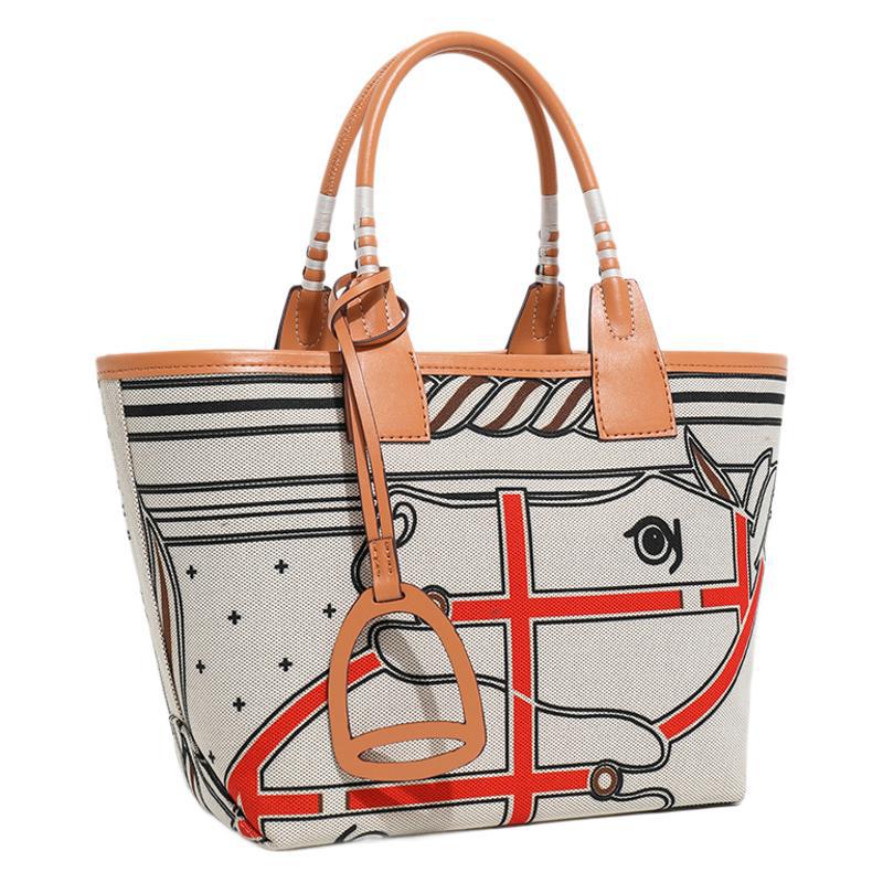 Women's Canvas Stitching Shopping Portable Large Capacity Handbags