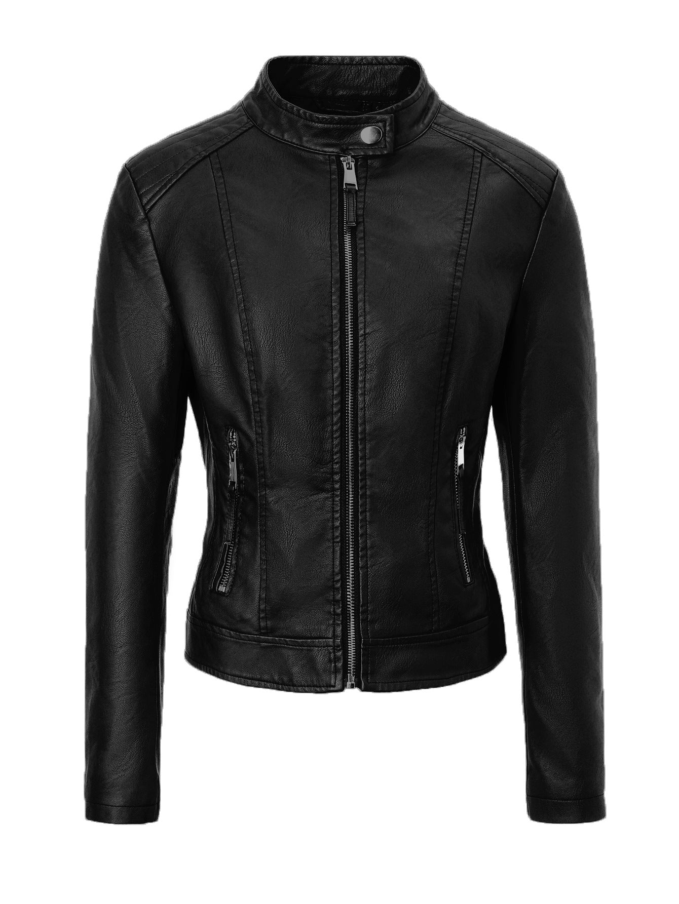 Women's Three-color Stand Collar Zipper Leather Pocket Jackets