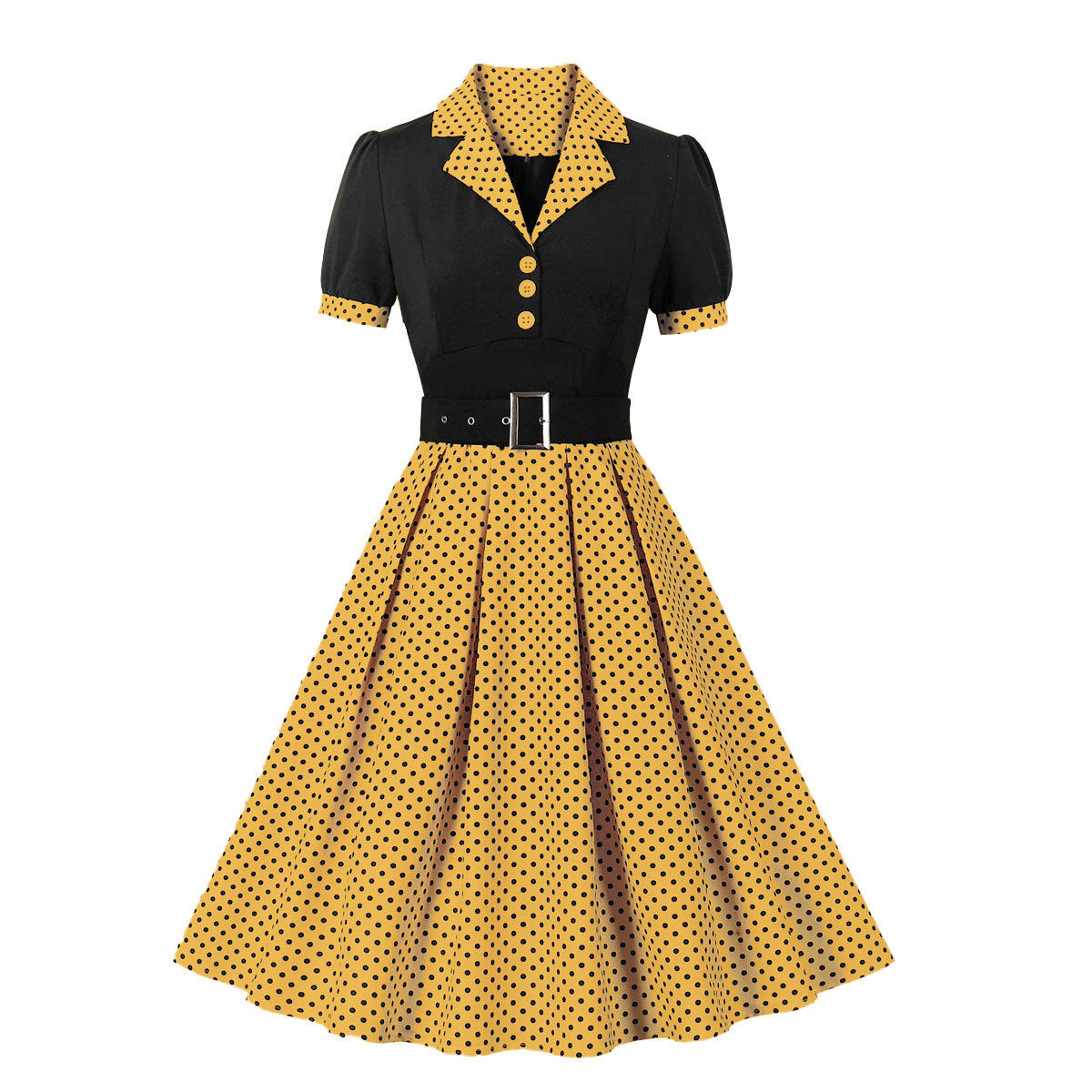 Women's Polka Dot Lapel Sleeve Belt Slim Dresses