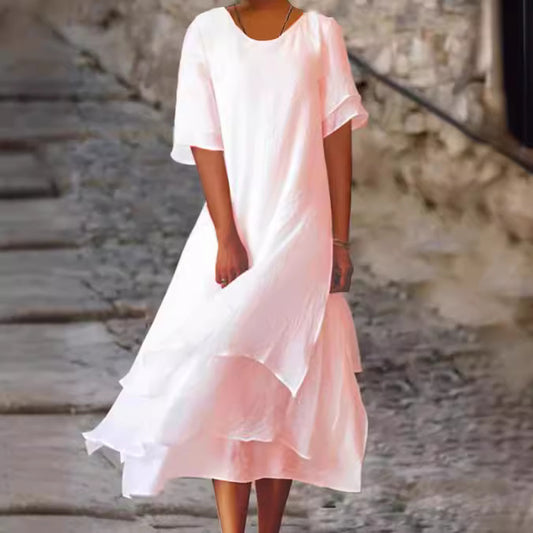 Cotton Linen Color Matching Slit Sleeve Dresses