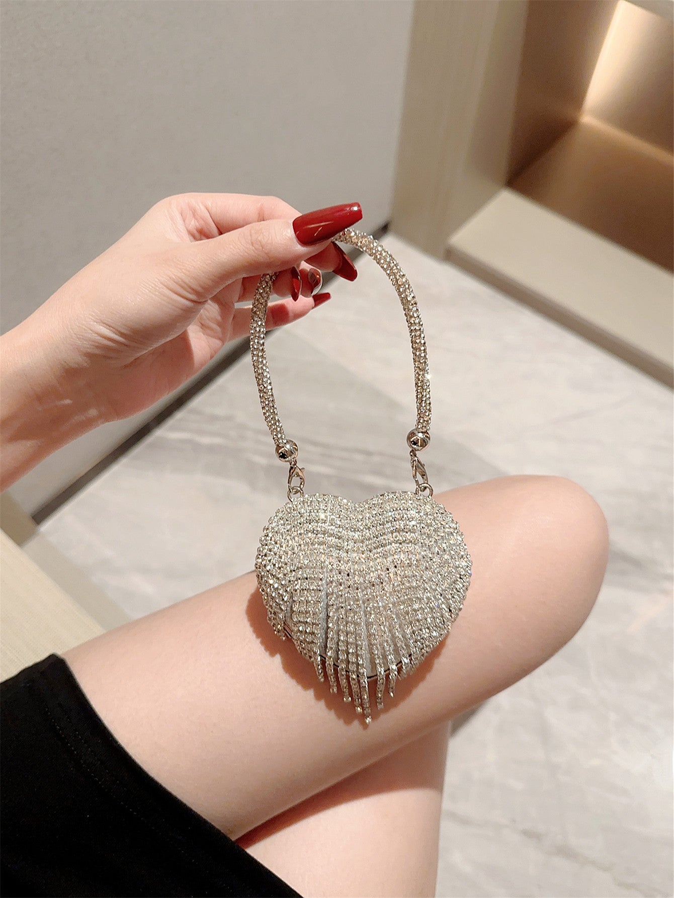 Women's Mini Peach Heart Diamond Dinner Chain Party Evening Bags