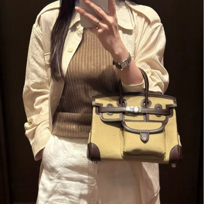 Unique Canvas With Cowhide Pocket Fashion Handbags