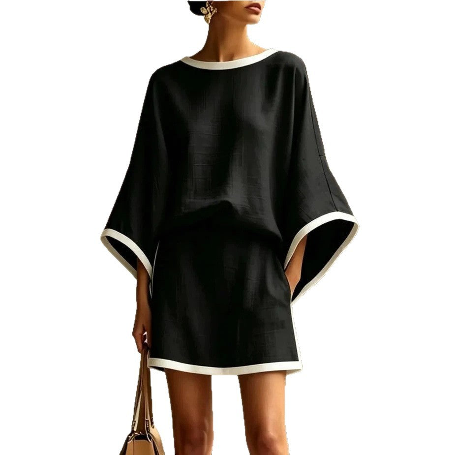 Women's Cotton Linen Dolman Sleeve Two-piece Set Skirts