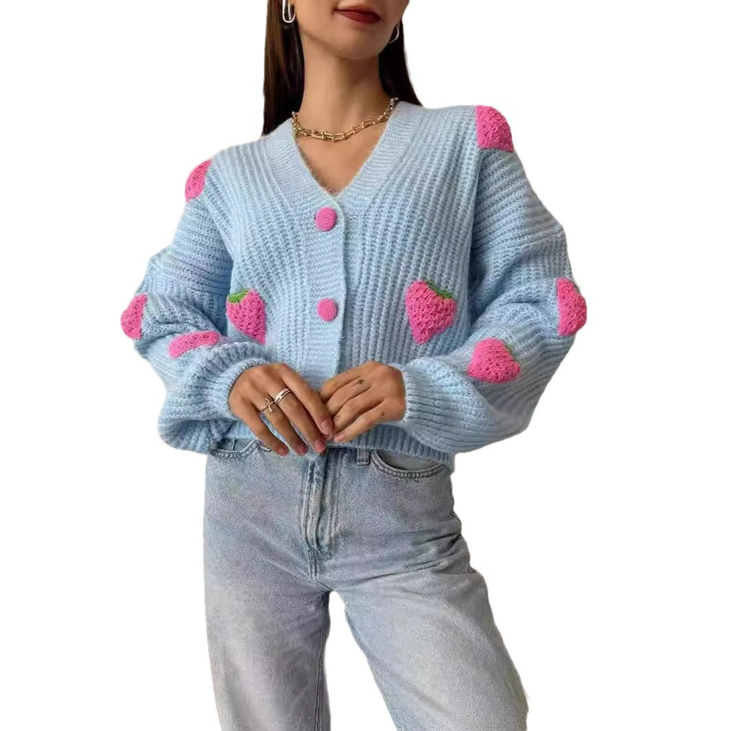 Sweet Tridimensional Strawberry Applique Thick Needle Sweaters