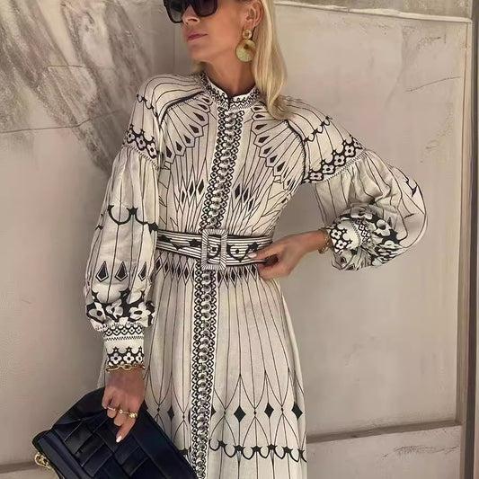 Women's Elegant Long Sleeve Belt Button Print Dresses