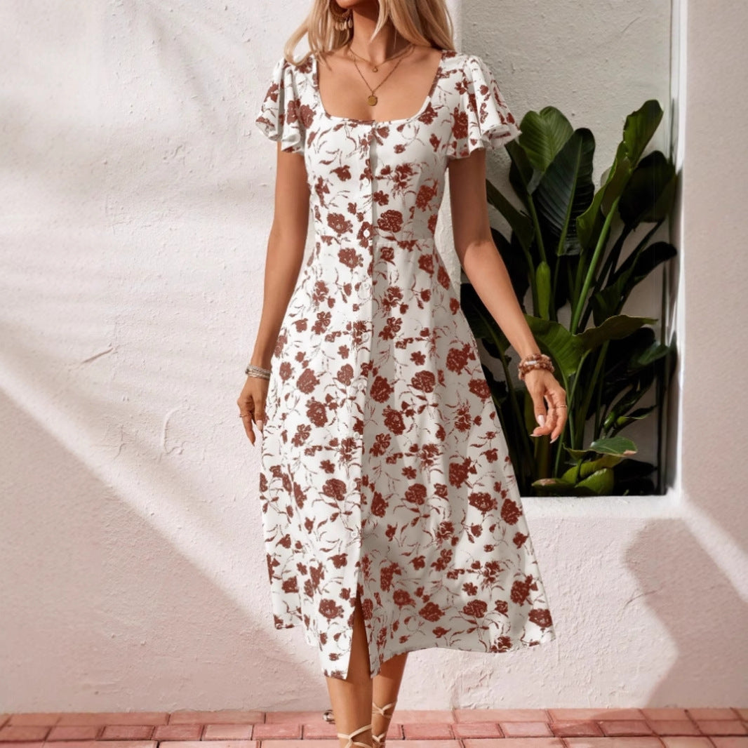 Women's Printed Square Collar Button Bohemian Dress