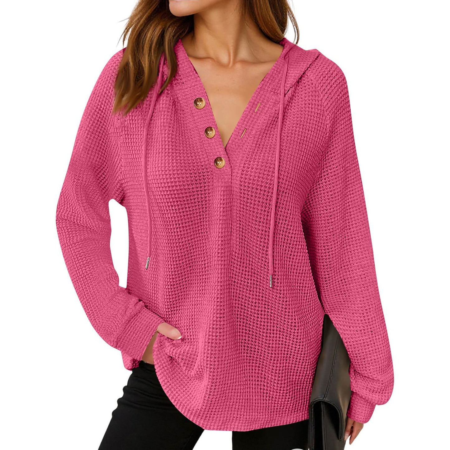 Women's Solid Color Waffle Hooded Button Loose Long Women's Sweater, Sweater
