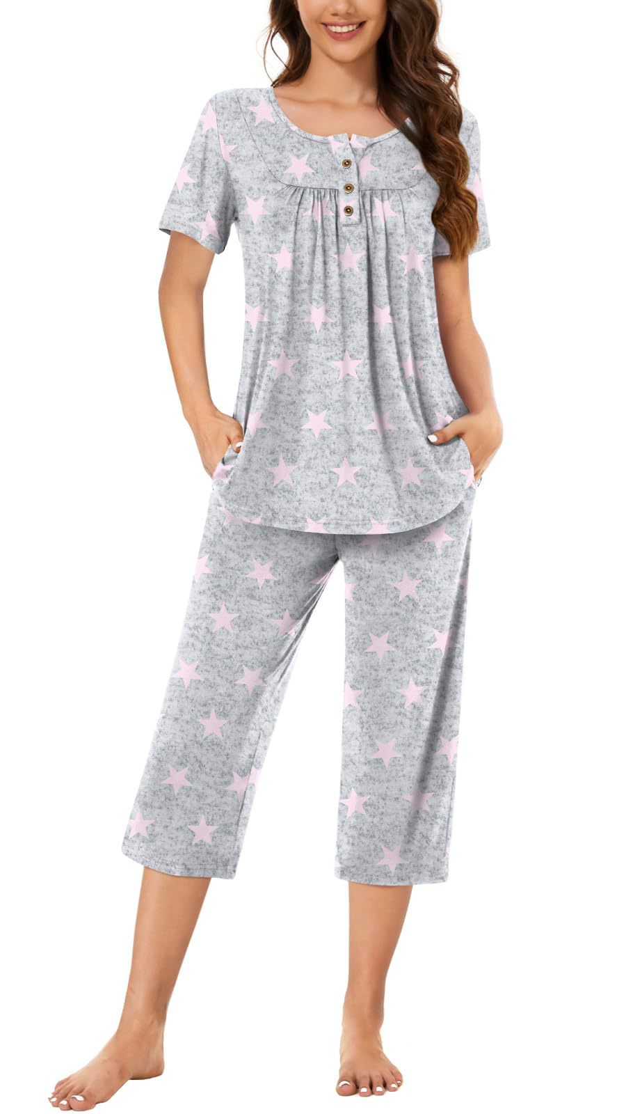Women's Pajamas T-shirt Button Round Neck Printed Pants