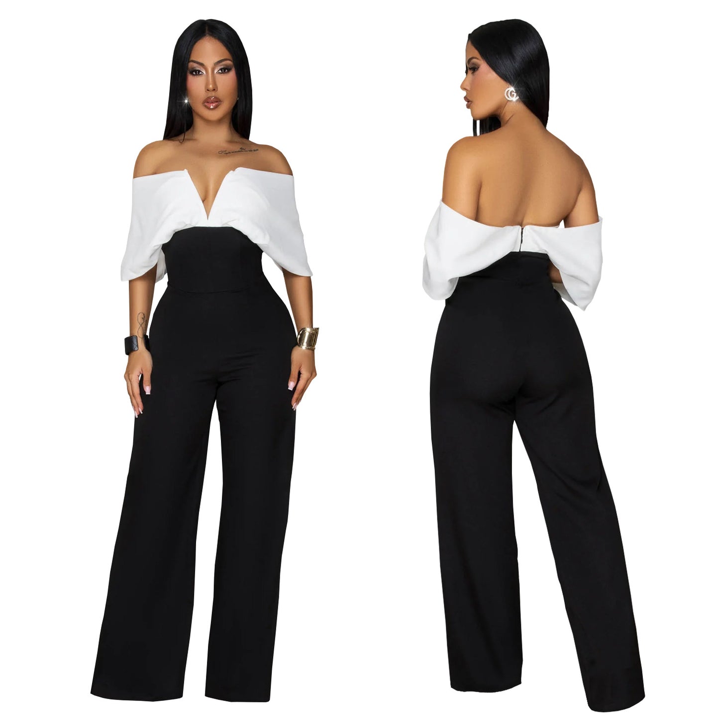 Women's Fashion Wear Casual Backless Black White Jumpsuits