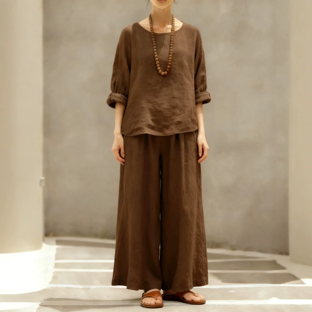 Women's Loose Outfit Cotton Linen Shirt Two-piece Suits