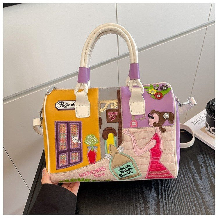 Retro Large Capacity Portable Boston Niche Embroidered Patch Crossbody Bags