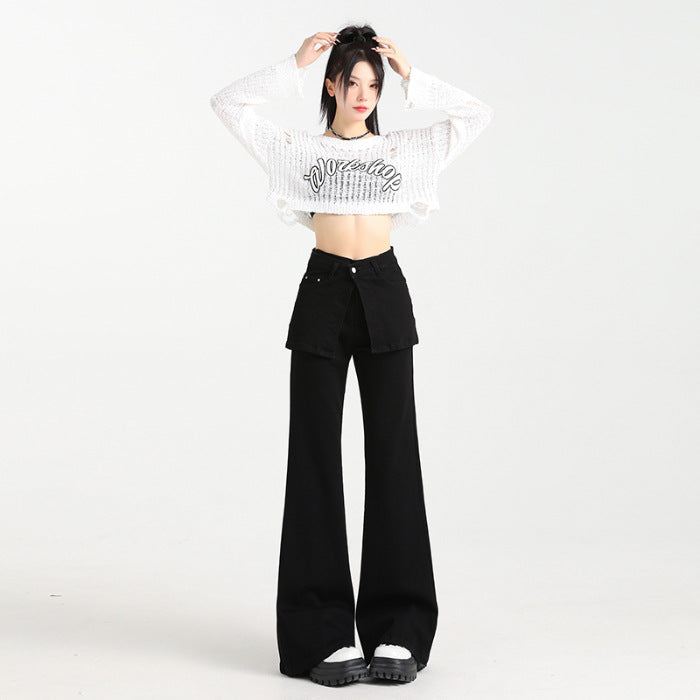 Women's Fake Two-piece Dark Blue Fart Curtain Jeans