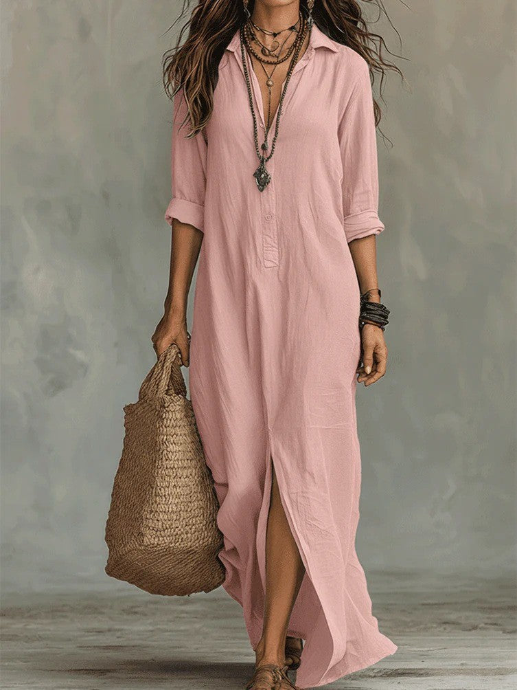 Shirt Collar Floor Casual Slit Long Dress