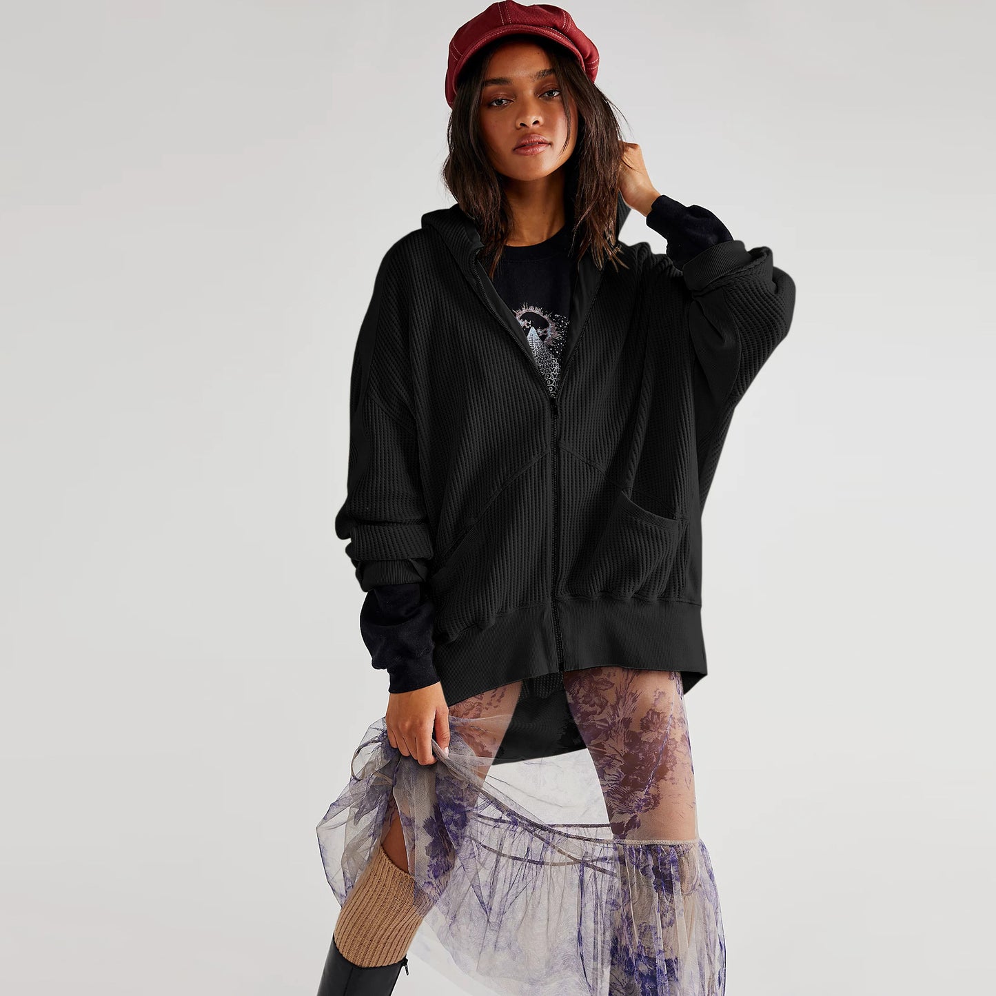 Women's Waffle Zipper Idle Style Loose Wear Cardigans