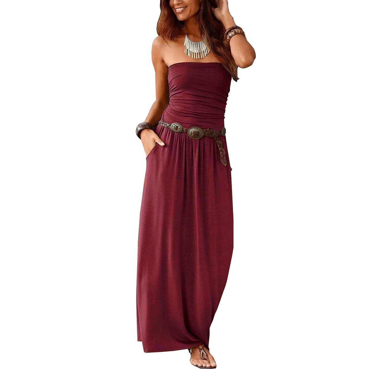 Women's Collar Sleeveless Cold-shoulder Long Double Pocket Dress