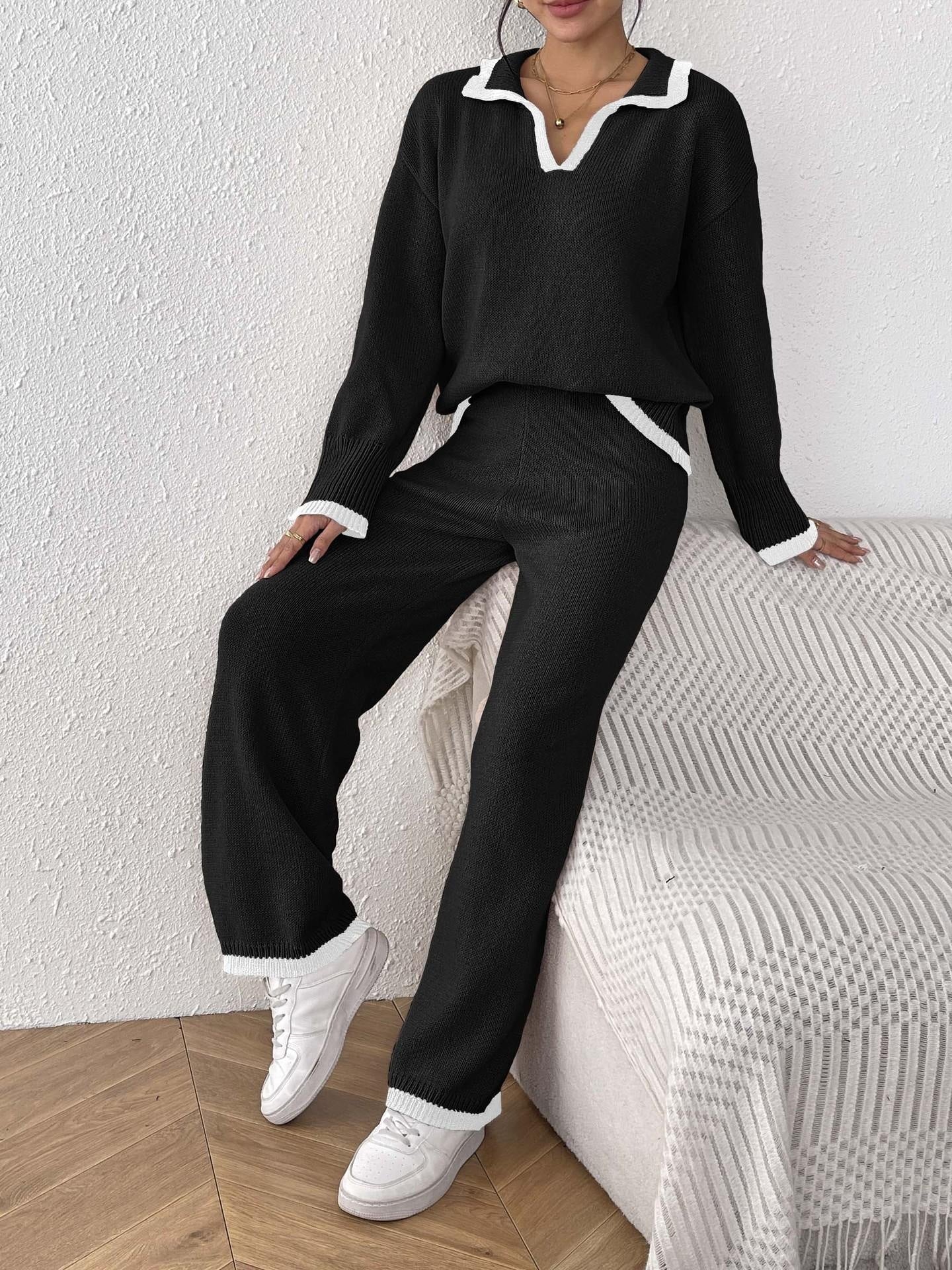 Women's Color Contrast Patchwork Collar Lapel Pullover Sweaters