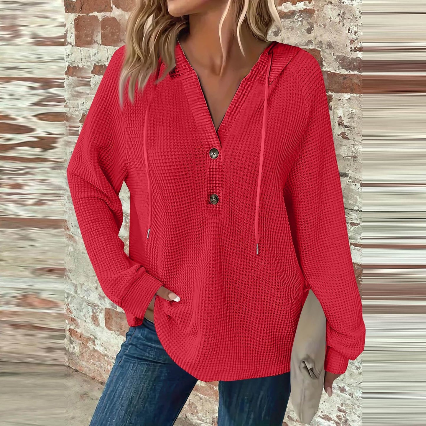 Women's Hoodie Waffle Knit Drawstring Button Long Sleeve Pullover Leisure Sweaters