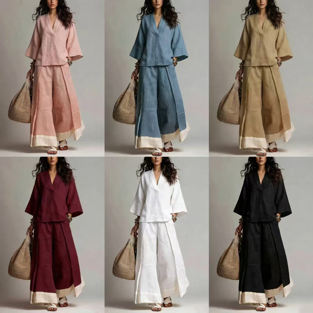 Women's Linen French Style Sleeve Shirt Wide Leg Fashion Casual Suit