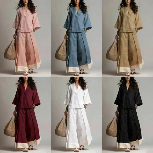 Women's Linen French Style Sleeve Shirt Wide Leg Fashion Casual Suit