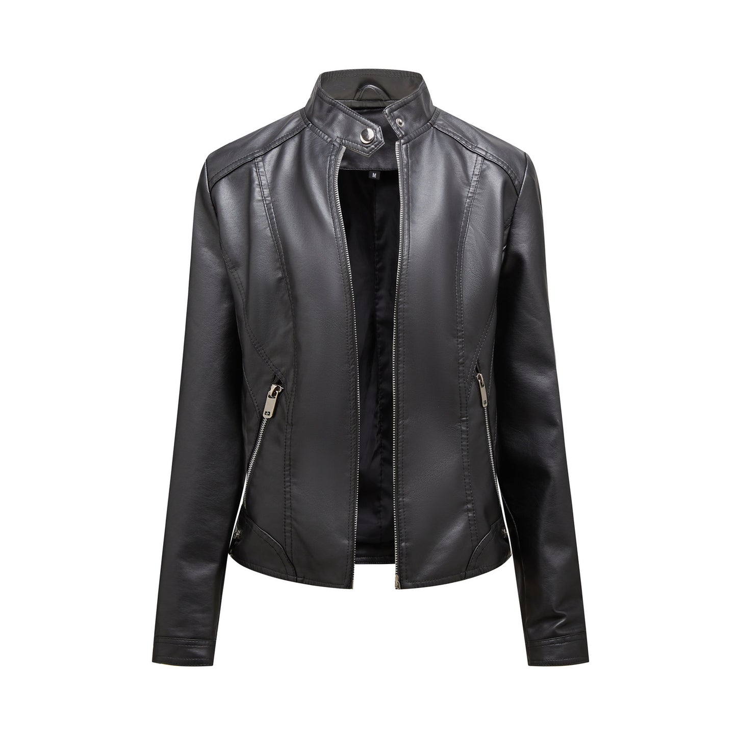 Women's Simple Casual Leather Stand Collar Zipper Jackets