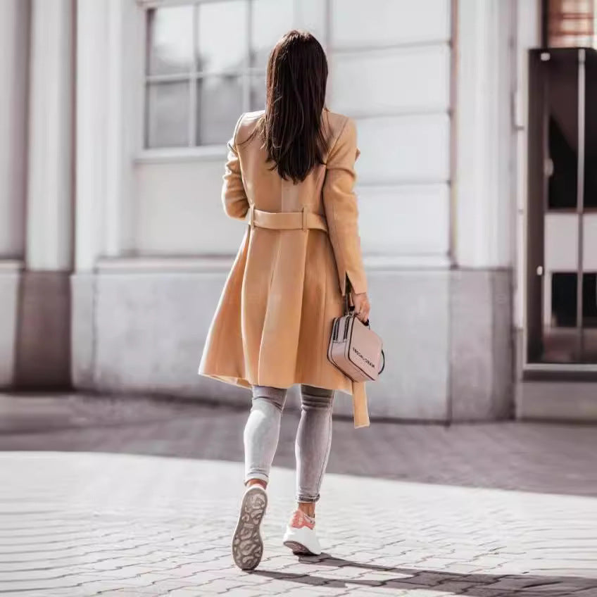 Women's Classic Woolen Solid Color Mid-length Coats