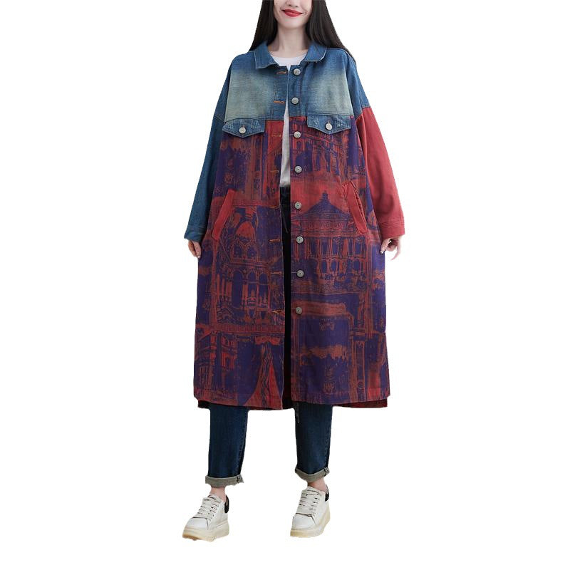 Women's Large Stitching Denim Trench Korean Style Overknee Coats