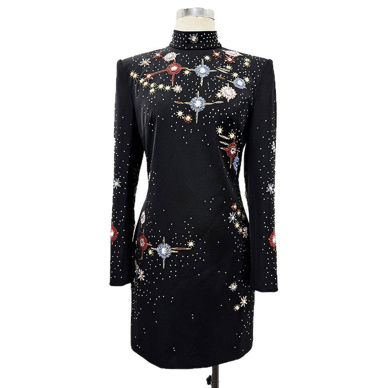 Fashion Diamond Embroidered Beads Rhinestone Long-sleeved Dresses