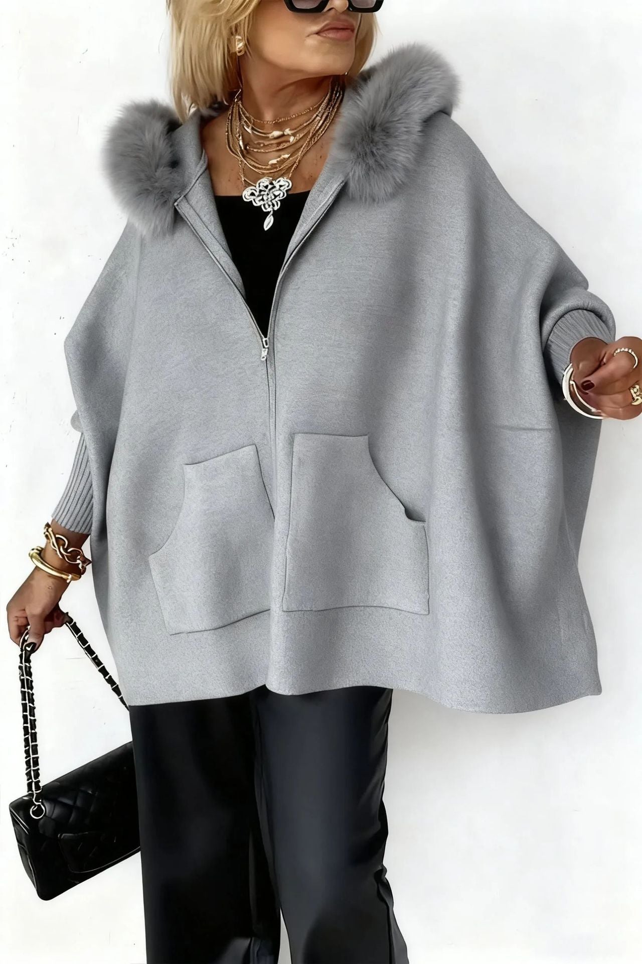 Fashion Loose Pockets Zipper Big Fur Coats