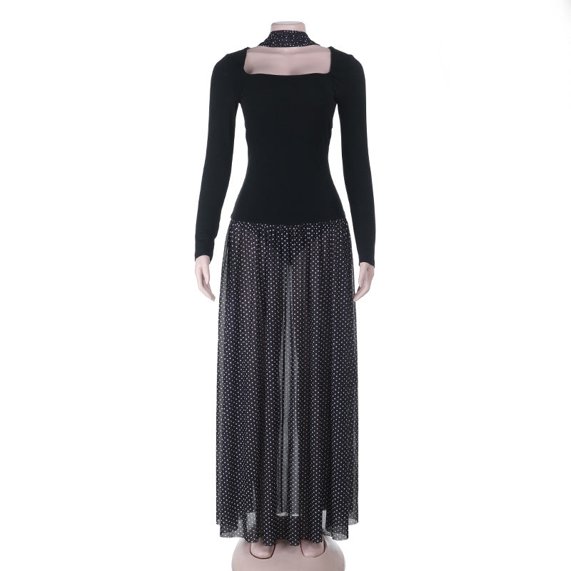 Collar Long Sleeve Stitching Polka Dot A- Line Dresses