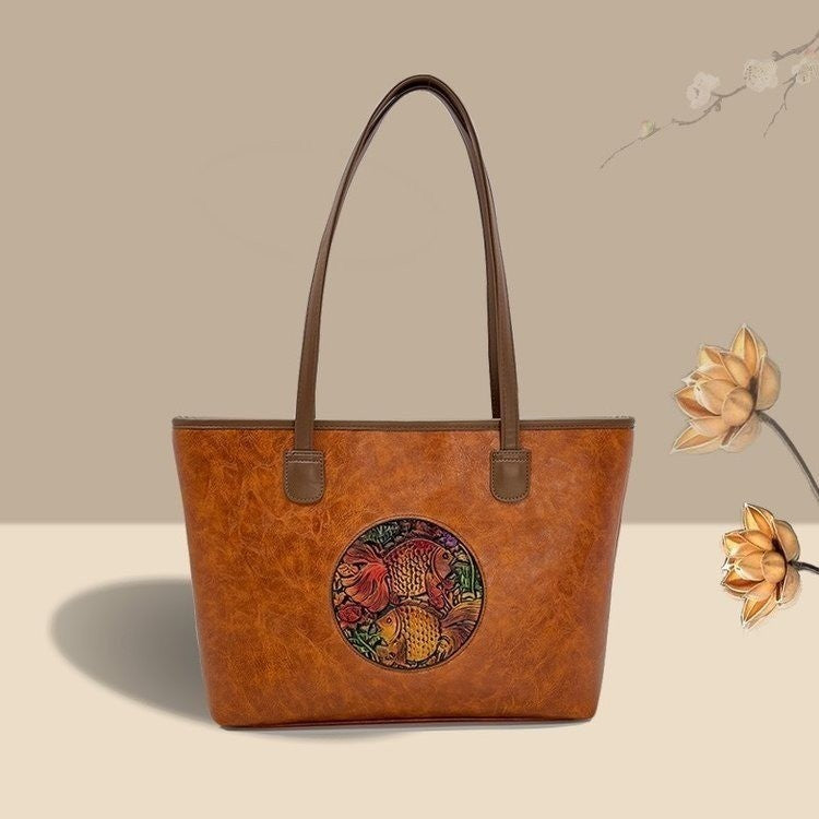 Women's Ethnic Style Leather Carving Goldfish High-grade Tote Bags