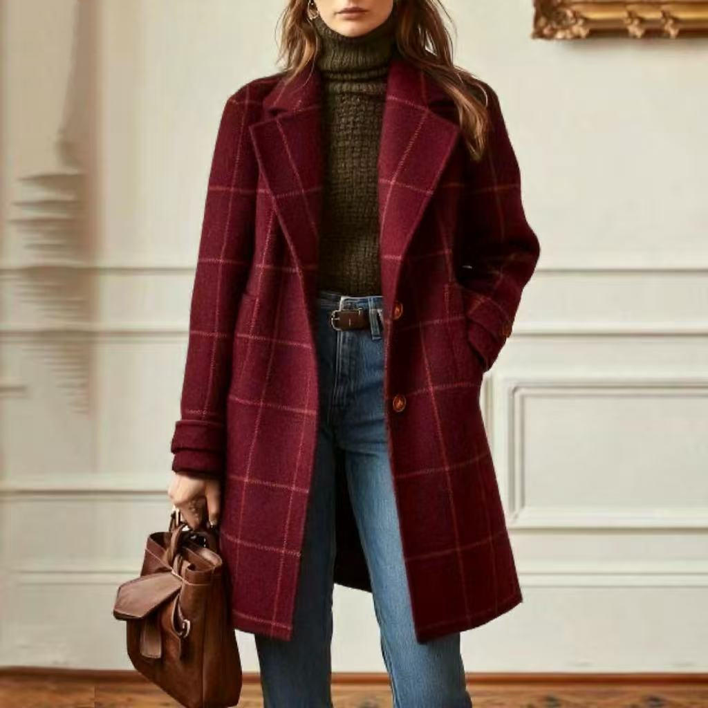 Women's Plaid Casual Temperament Mid-length Turn-down Collar Coats