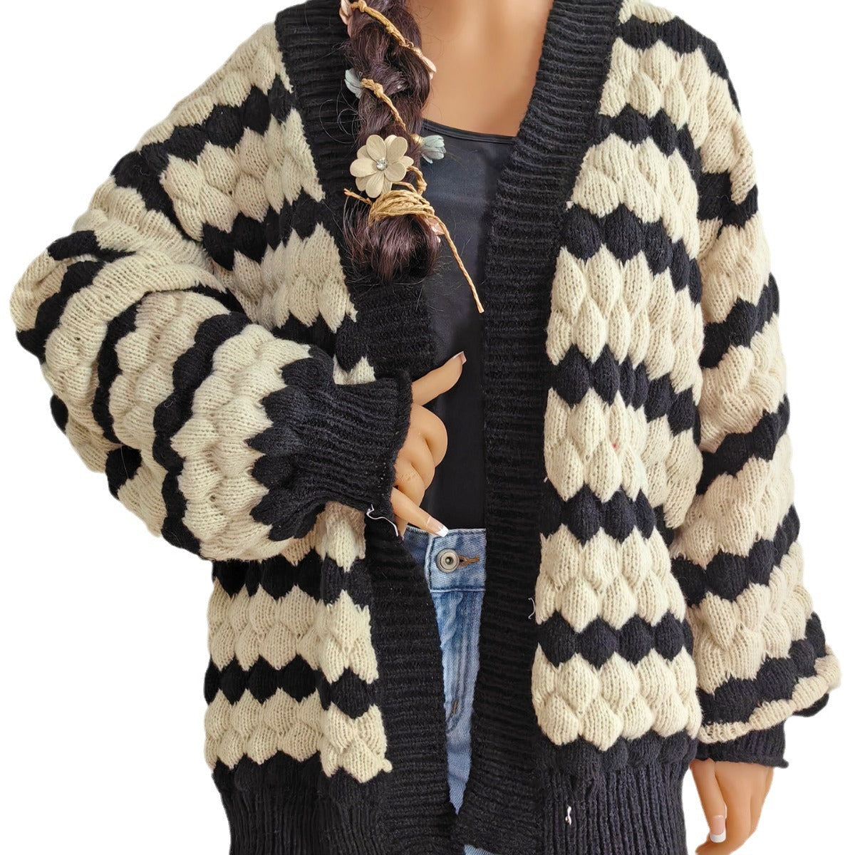 Women's Pineapple Three-dimensional Color Contrast Patchwork Striped Sweaters