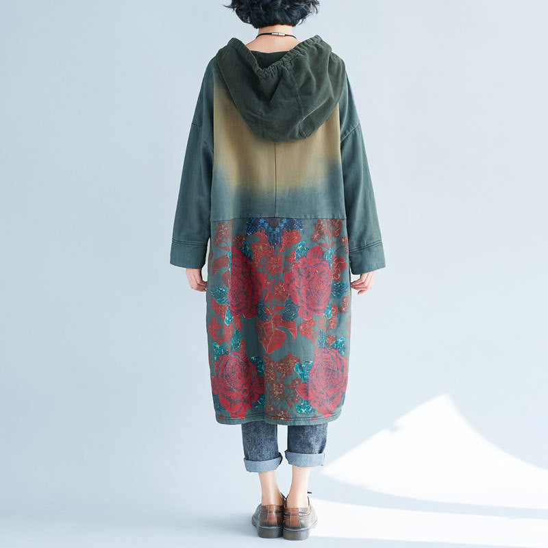 Women's Hooded Mid-length Ethnic Print Retro Distressed Dresses