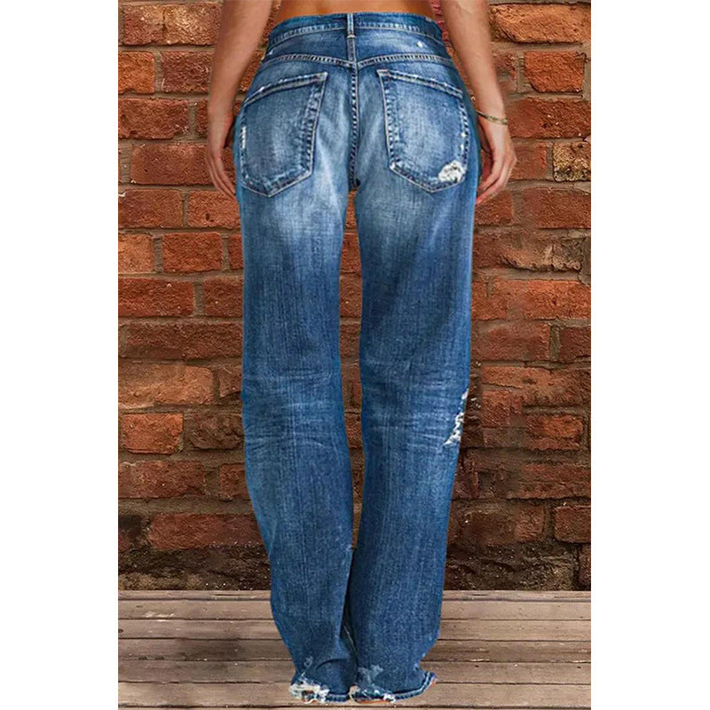 Women's Denim Trousers Trendy Mid Waist Ripped Jeans
