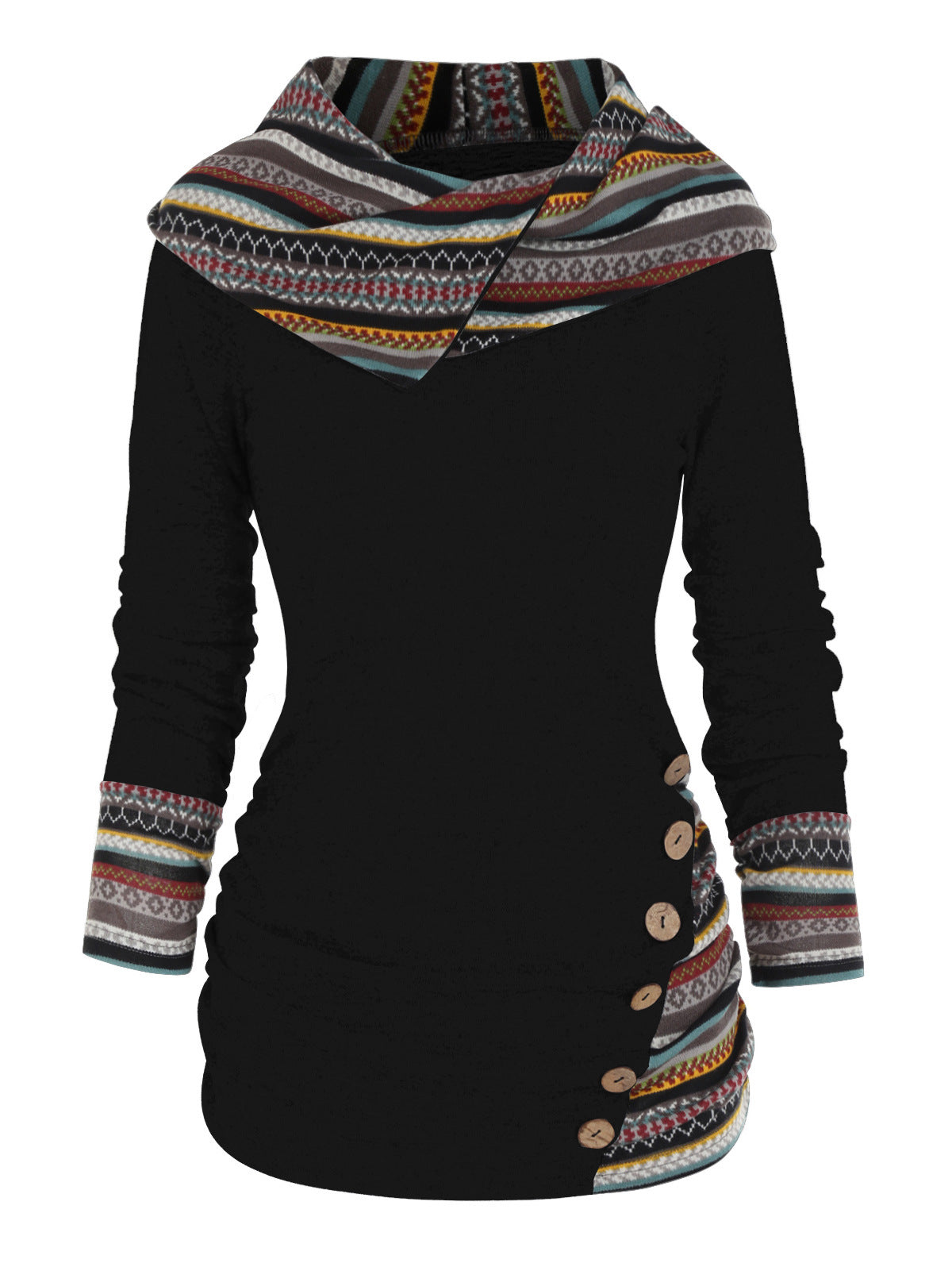 Women's Striped Stitching Hooded Knitted Long Sleeve Button Sweaters