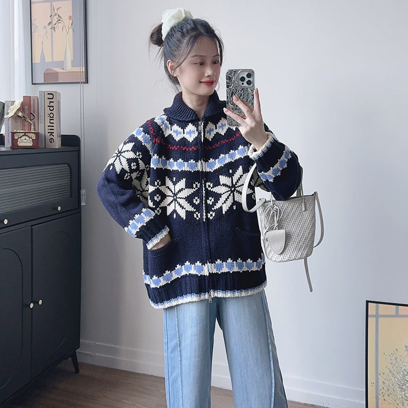 Women's Snowflake Jacquard Atmosphere Loose Zip Lapel Sweaters
