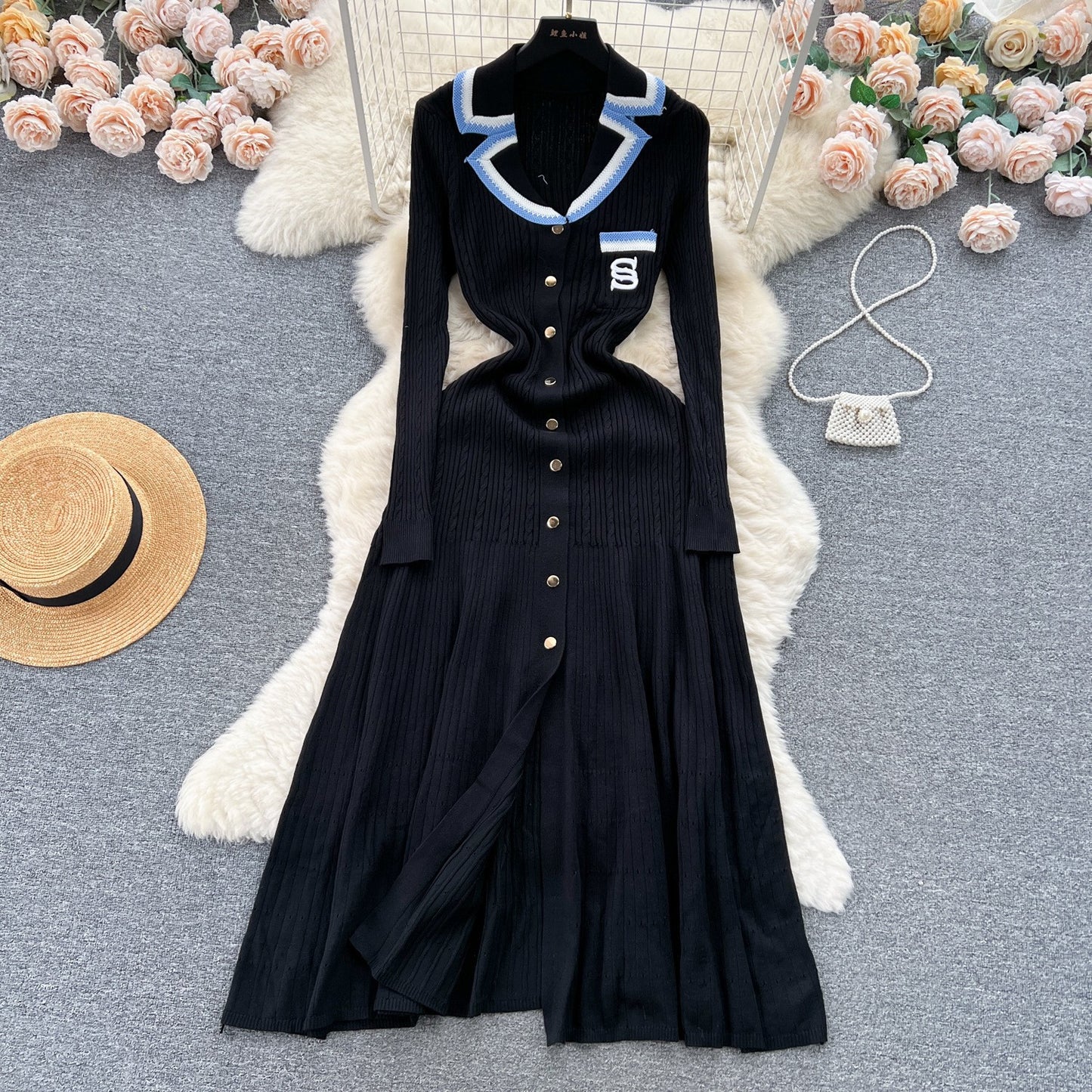Contrast Color Lapels Knitted Dress Letter Dresses