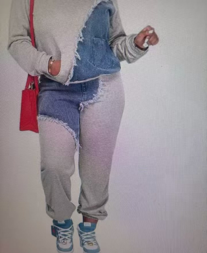 Women's Sports Fashion Casual Denim Stitching Hooded Suits